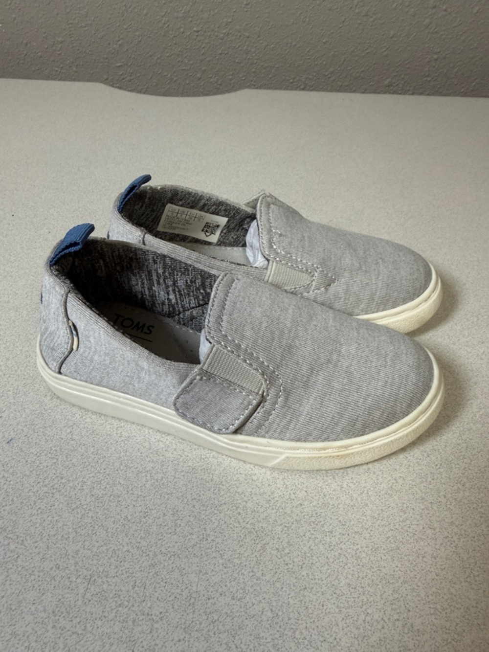 Toms Slip-On Shoes in Light Gray with Blue Heel Tabs - Picture 2 of 7